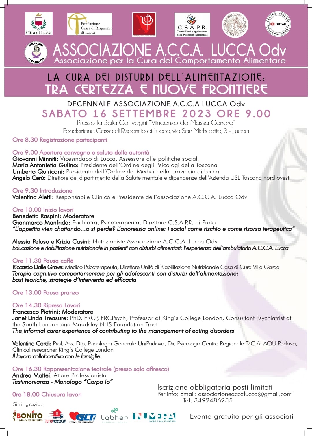 Sabato 16 settembre 2023 ore 9.00 LA CURA DEI DISTURBI DELL'ALIMENTAZIONE: TRA CERTEZZA E NUOVE FRONTIERE- LUCCA Complesso San...