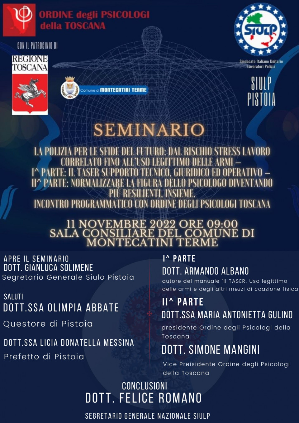 immagine articolo FIRMA CONVENZIONE OPT E SIULP PISTOIA: LA POLIZIA PER LE SFIDE DEL FUTURO: DAL RISCHIO STRESS LAVORO CORRELATO FINO ALL'USO LEGITTIMO DELLE ARMI - VENERDI 11 NOVEMBRE 2022 