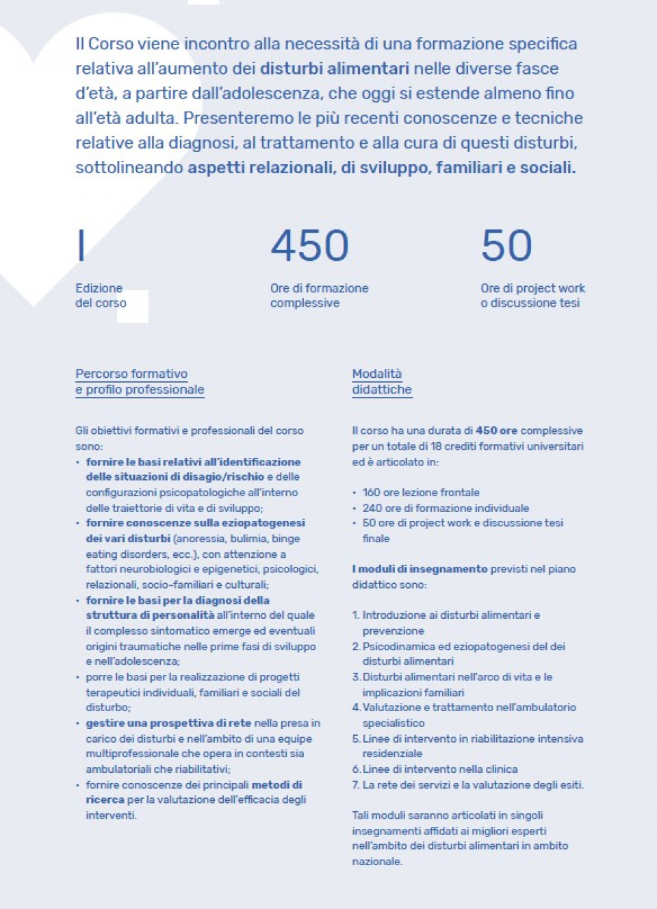 immagine articolo Corso di perfezionamento in Disturbi alimentari della durata di 160 ore frontali