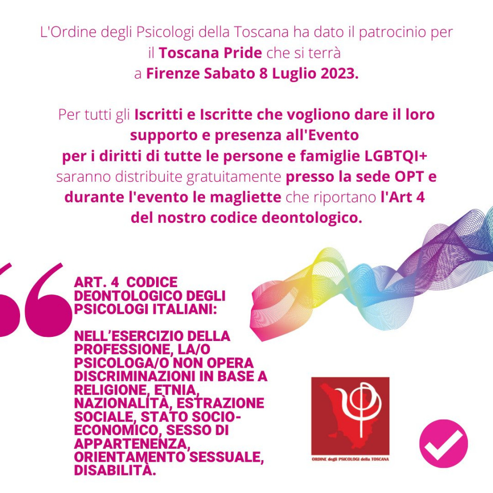 immagine articolo Adesione di OPT al TOSCANA PRIDE per i diritti LGBTQI+