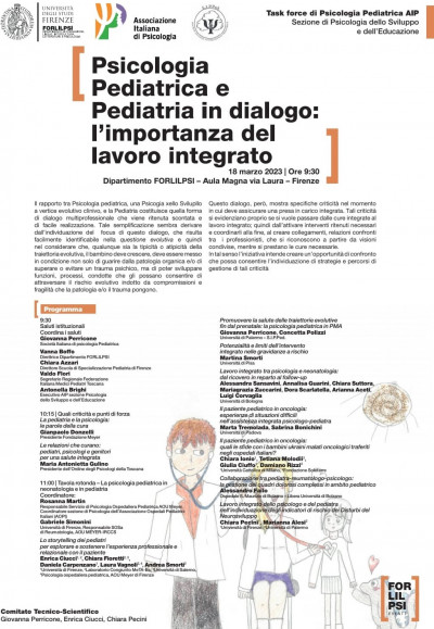 18 marzo 2023 Dip.to FORLILPSI dalle 9.30 evento PSICOLOGIA PEDIATRICA E PEDIATRIA IN DIALOGO: l'importanza del lavoro integrato. Presente anche la Presidente di OPT GULINO con un intervento dedicato.